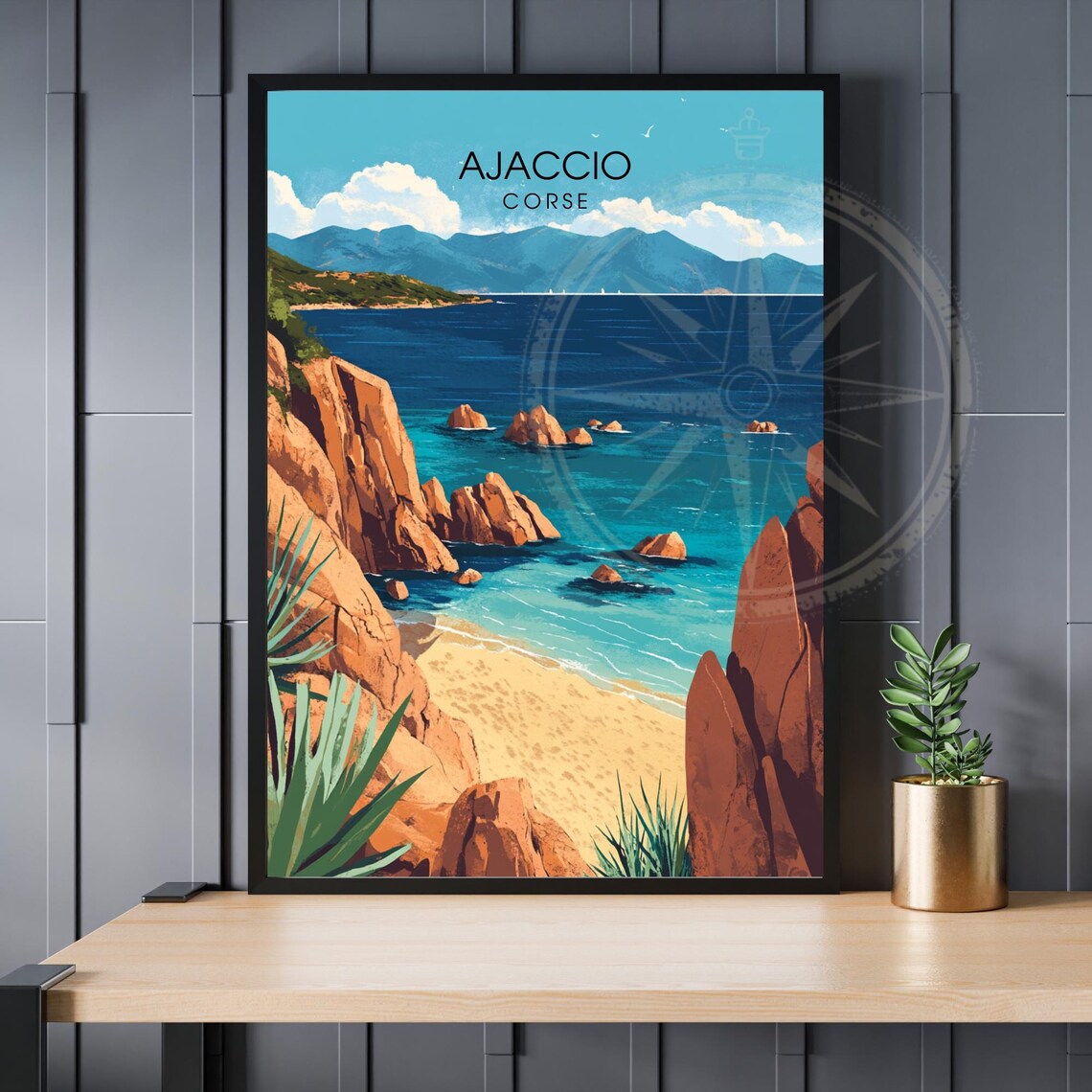 Ajaccio Corse Red Rock Beach Turquoise Sea Coastal Travel Poster