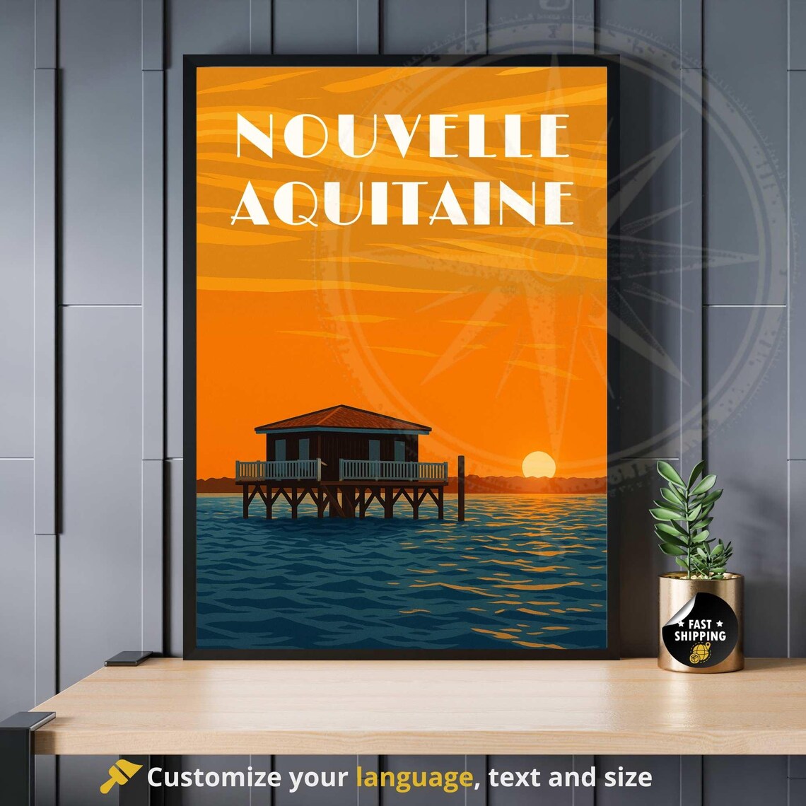 Nouvelle Aquitaine France Sunset Stilt House Coastal Travel Poster