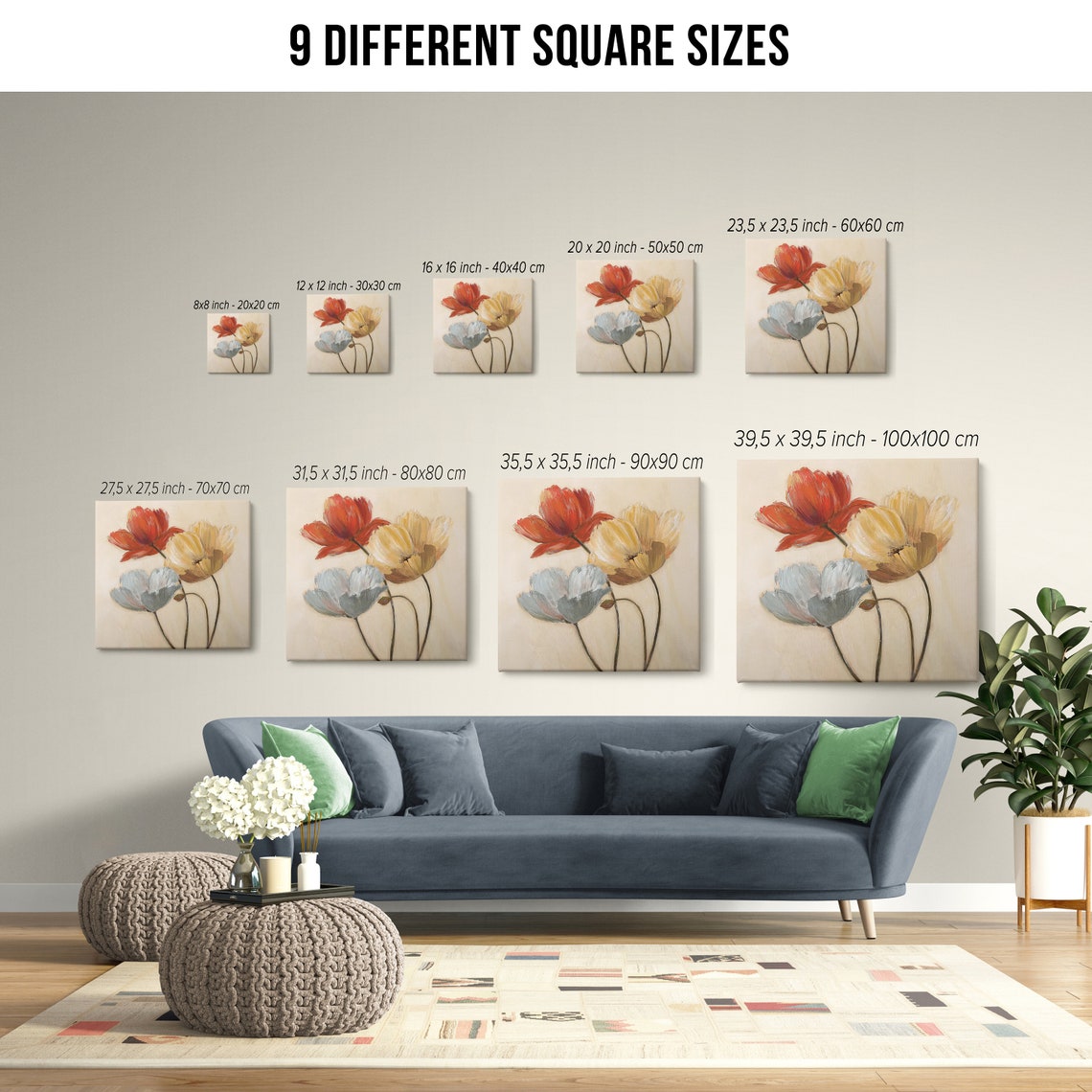 Red Yellow Blue Grey Poppies Trio Minimalist Botanical Wall Art - Image 2