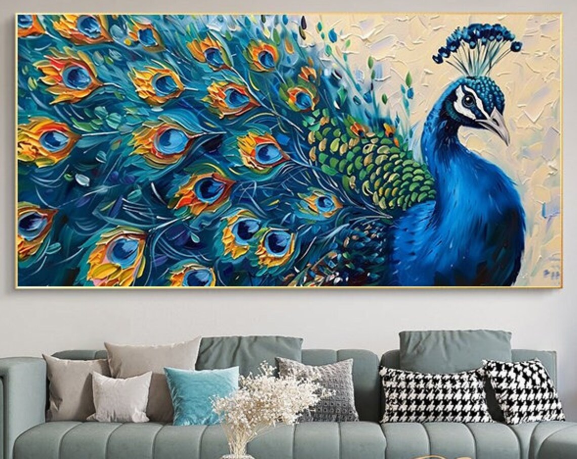 Vibrant Blue Peacock With Fanned Tail Impasto Oil Painting Poster