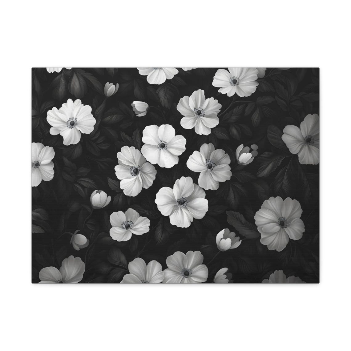 Black And White Floral Pattern Blossoms On Dark Canvas Poster - Image 3