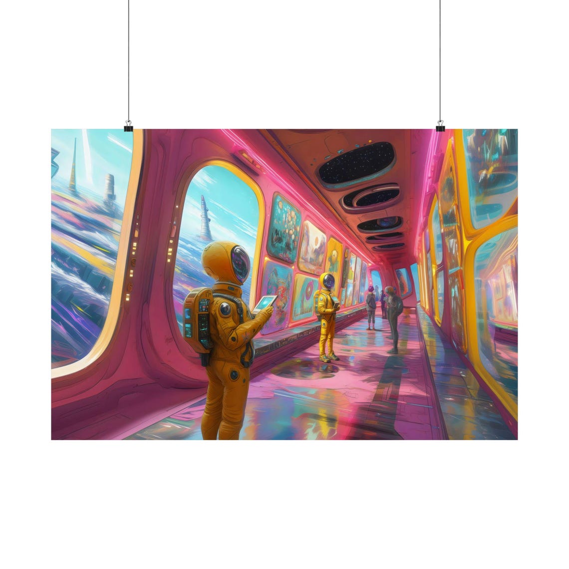 Astronauts in Neon Space Station Art Gallery Corridor Poster