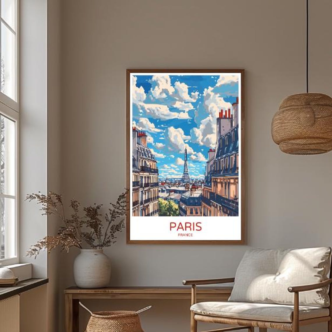 Paris France Eiffel Tower Parisian Rooftops Blue Sky Travel Poster - Image 3