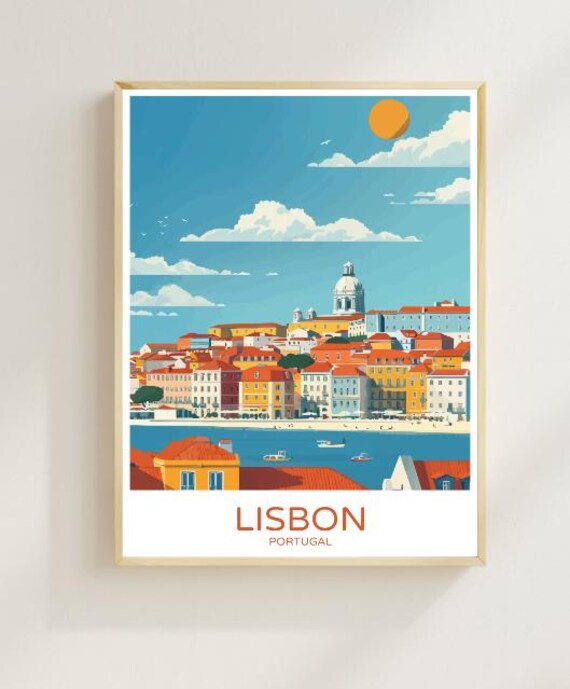 Lisbon Portugal Travel Poster Cityscape River Scene Art Decor