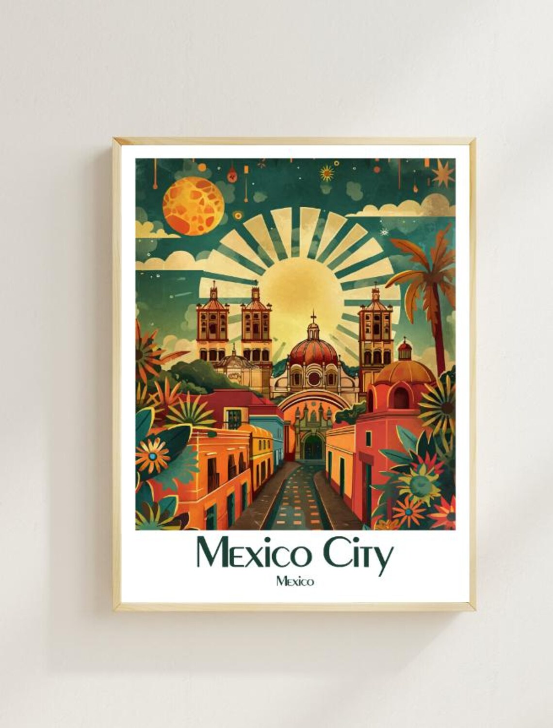 Mexico City Colorful Colonial Street Cathedral Sunburst Art Poster