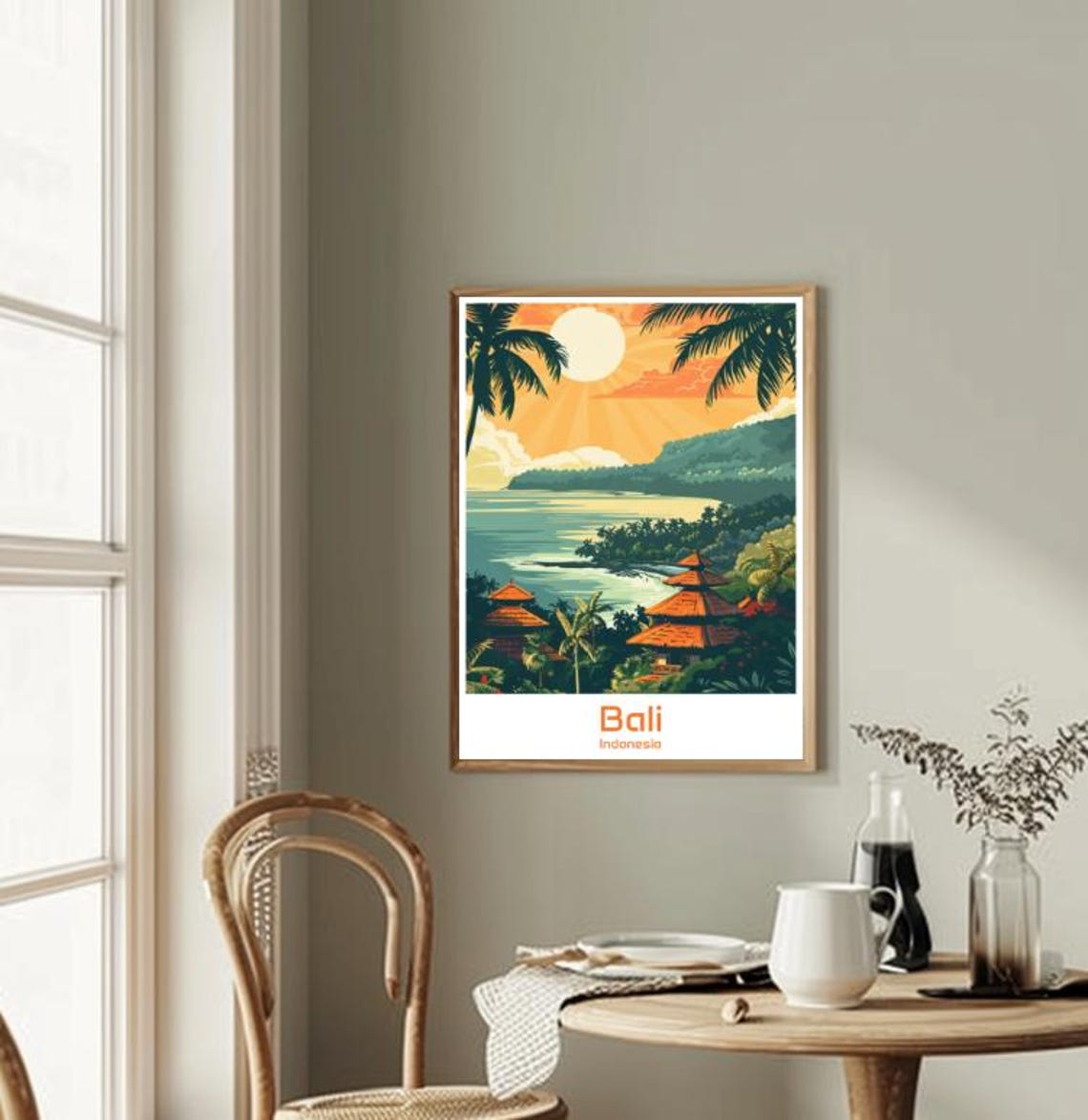 Bali Indonesia Tropical Sunset Palm Trees Temple View Poster - Image 2