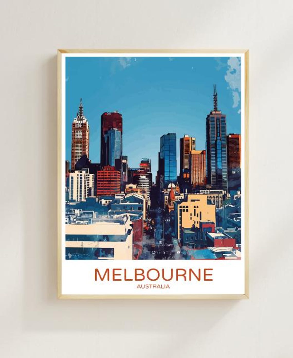 Melbourne Australia City Skyline Skyscrapers Vintage Travel Poster