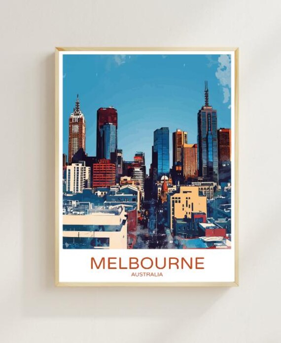 Melbourne Australia City Skyline Skyscrapers Vintage Travel Poster