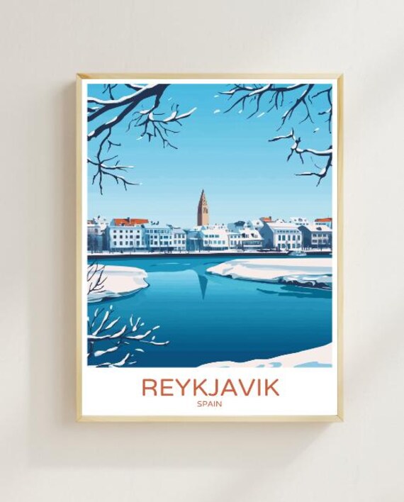 Reykjavik Winter Harbor Frozen Bay Snowy Skyline Travel Poster