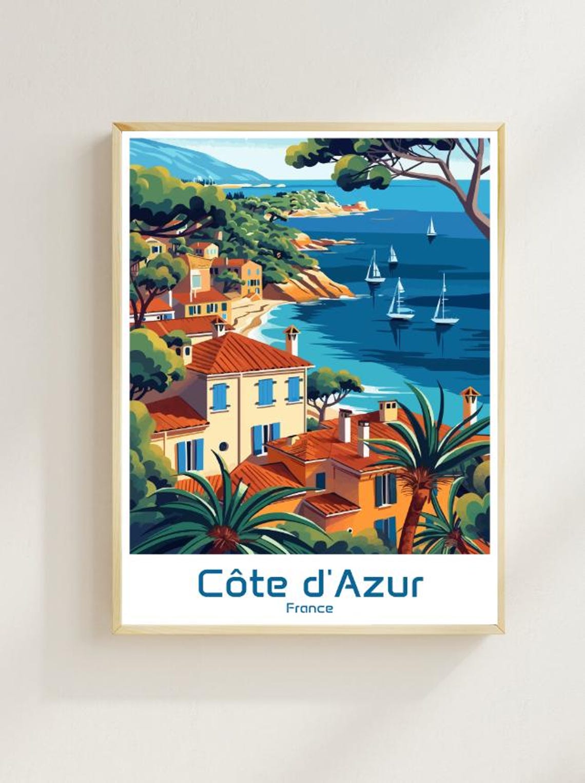 French Riviera Cote dAzur Coastline Villas Vintage Travel Poster