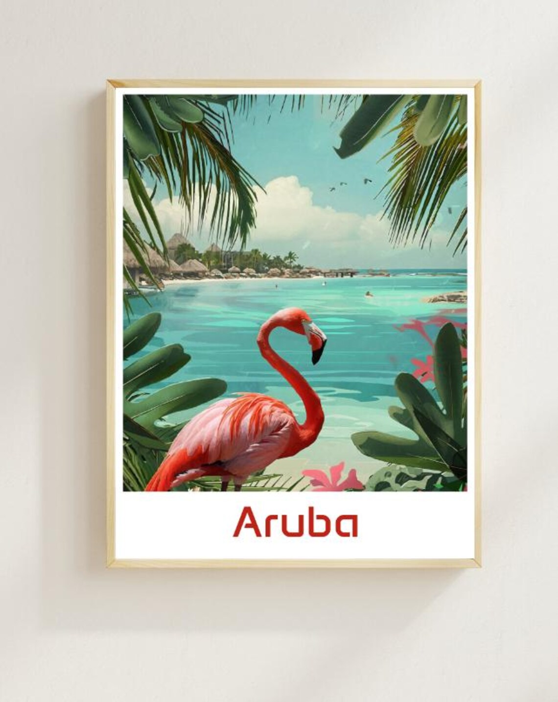 Aruba Pink Flamingo Turquoise Beach Illustrated Travel Poster