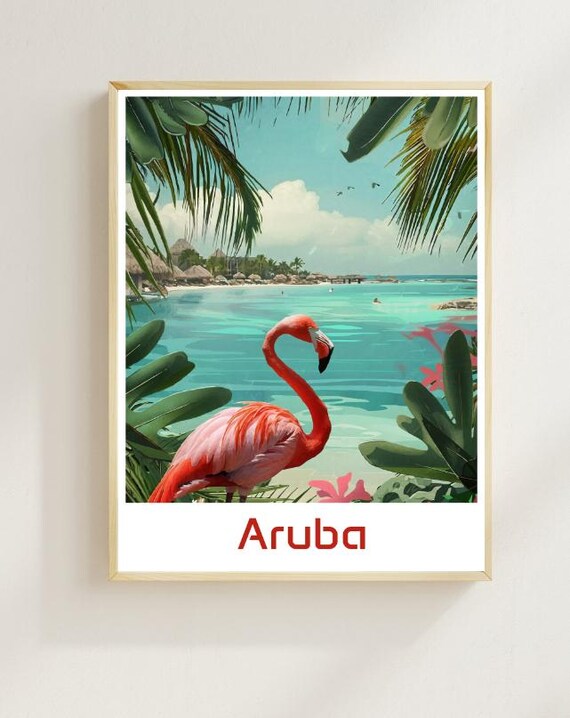 Aruba Pink Flamingo Turquoise Beach Illustrated Travel Poster