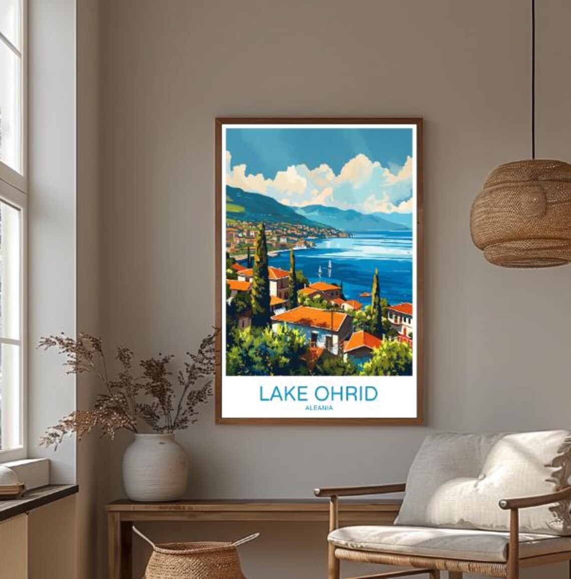 Lake Ohrid Albania Travel Poster Lakeside Village Mountain View Decor - Image 3