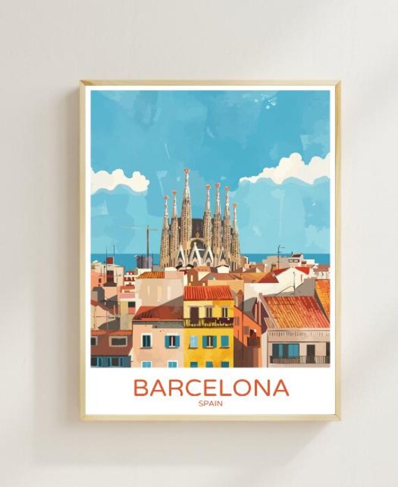 Barcelona Spain Travel Poster Sagrada Familia Spires City View Art