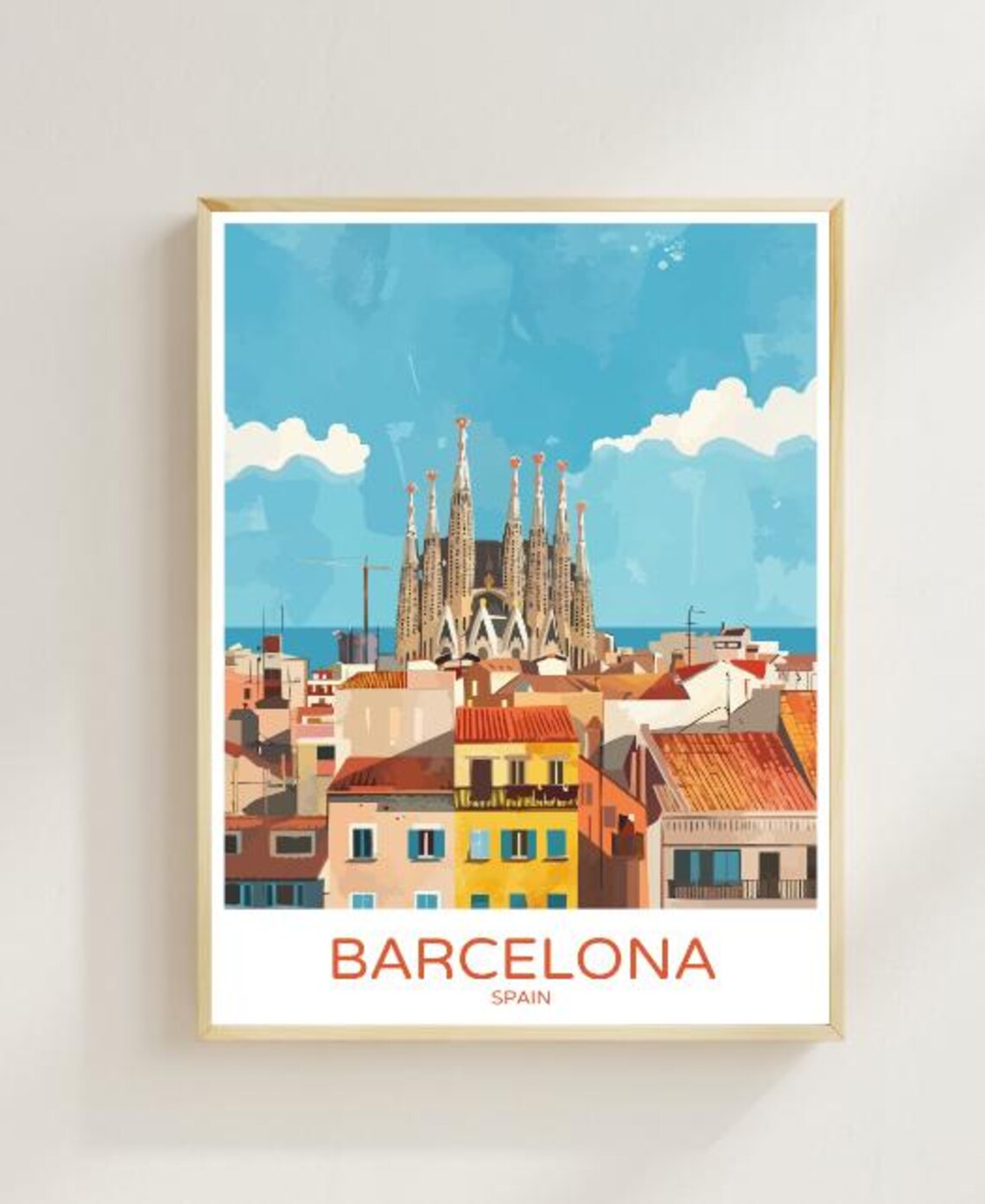 Barcelona Spain Travel Poster Sagrada Familia Spires City View Art