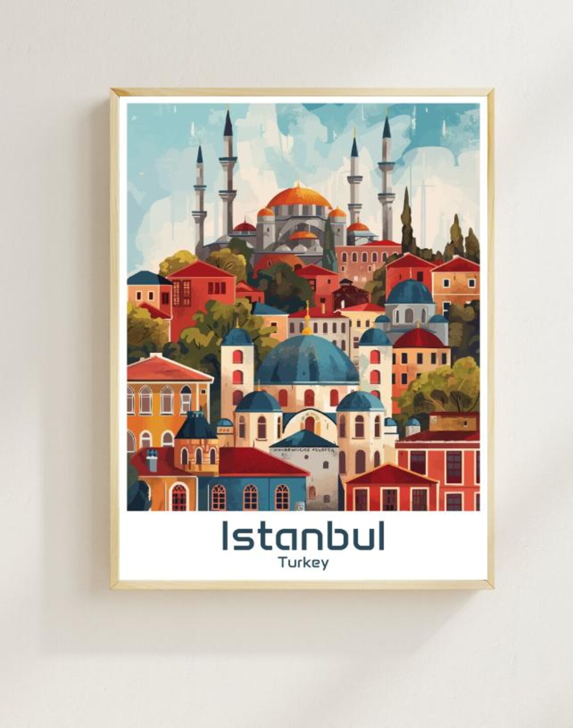 Istanbul Turkey Mosques Minarets Colorful Cityscape Travel Poster Art
