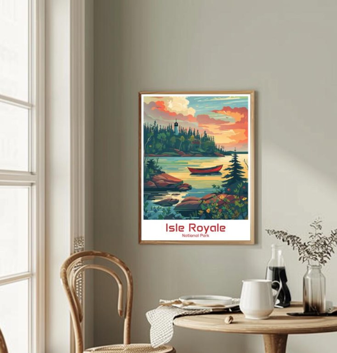 Isle Royale National Park Vintage Poster Lighthouse Lake Sunset Canoe Scene - Image 2