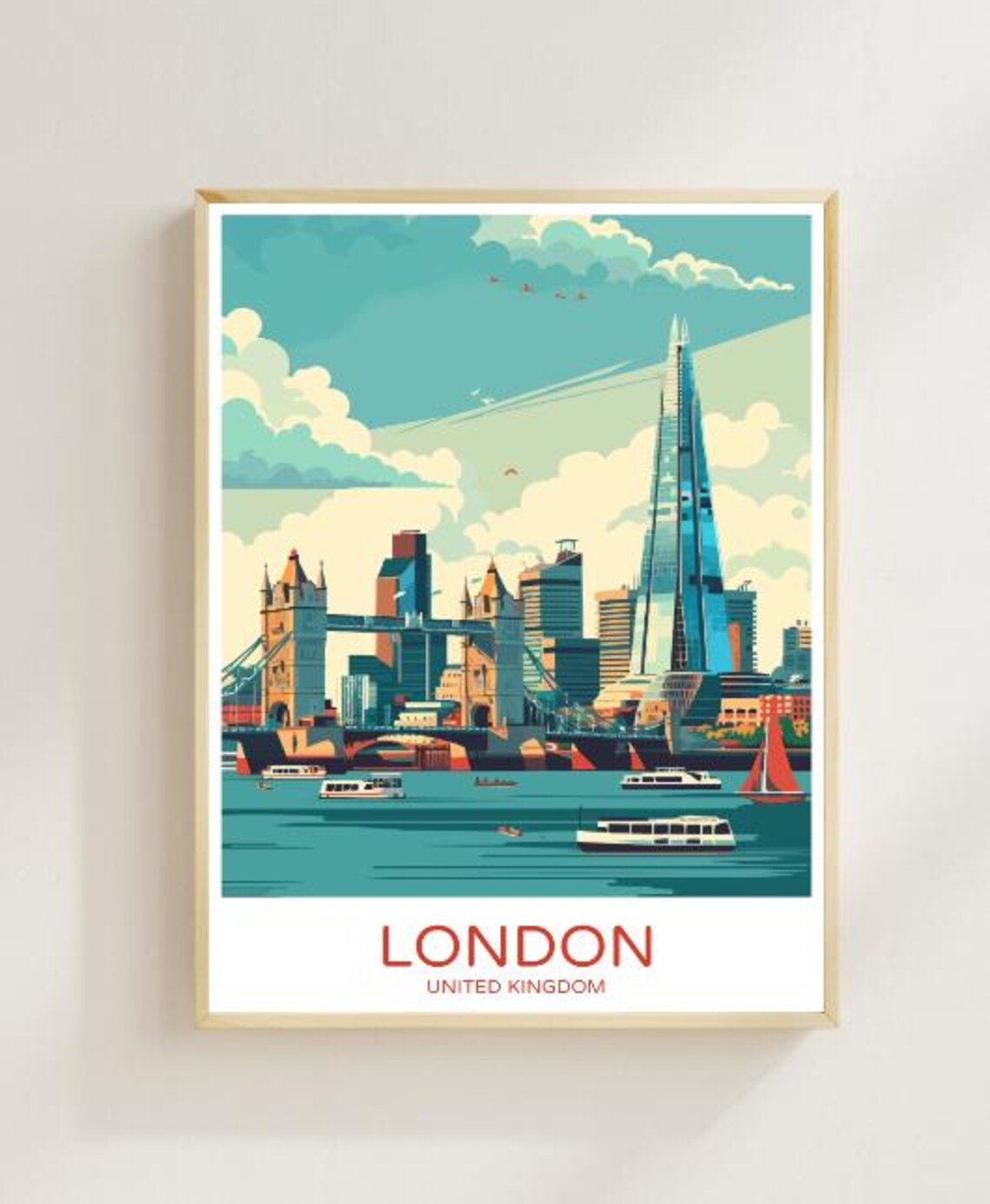 London United Kingdom Tower Bridge Shard Thames Retro Travel Poster