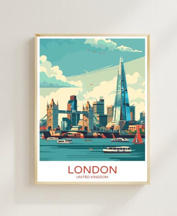 London United Kingdom Tower Bridge Shard Thames Retro Travel Poster