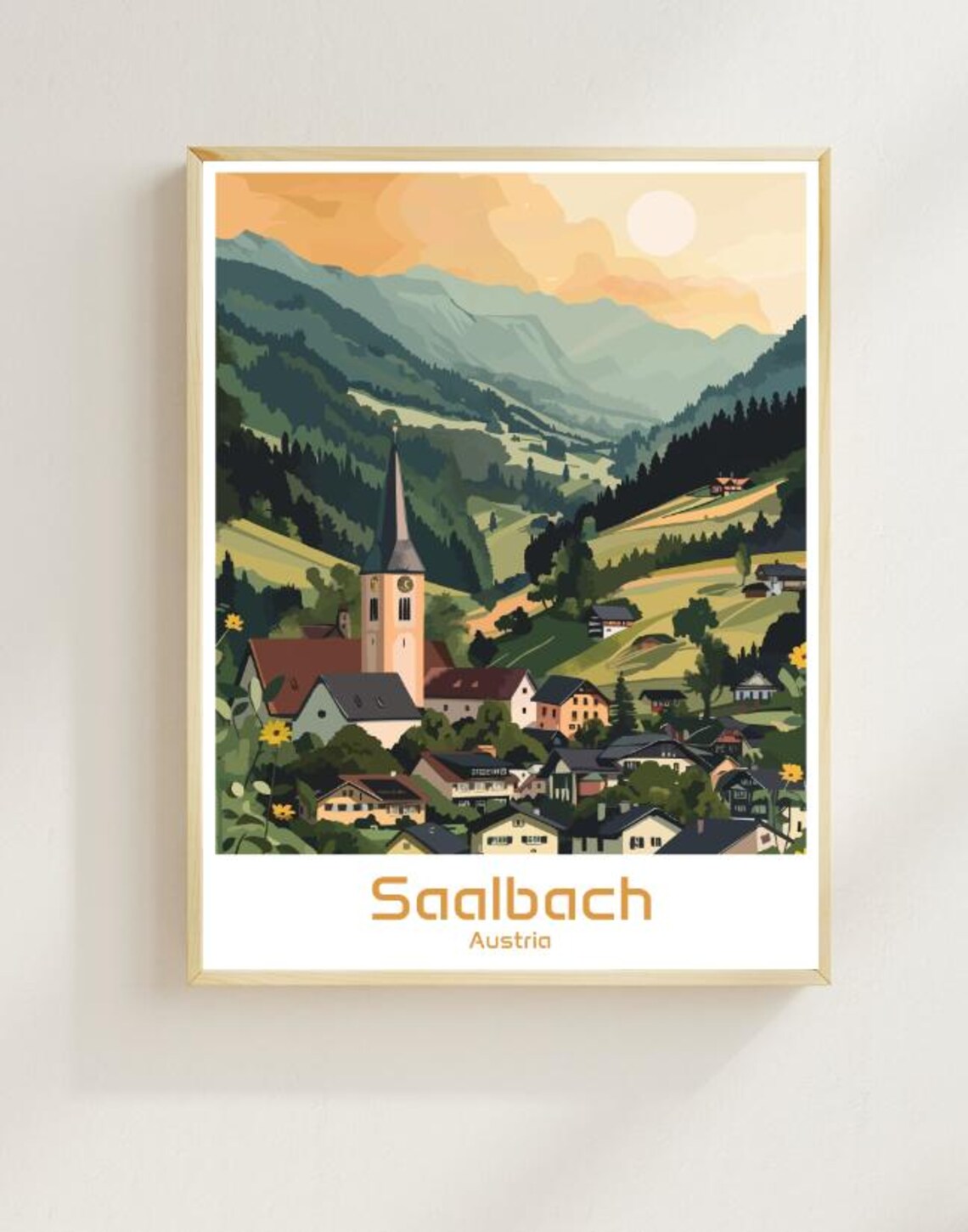 Saalbach Austria Alpine Village Church Mountain Travel Poster