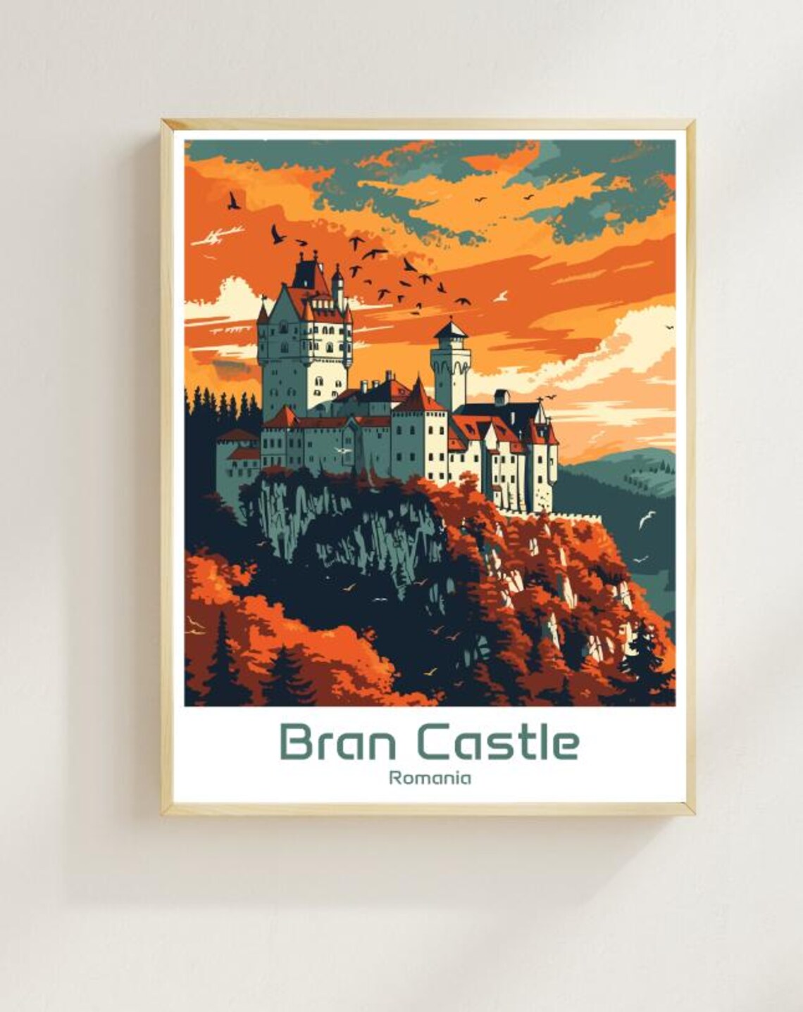 Bran Castle Romania Poster Gothic Fortress Sunset Dusk Sky Vintage Art