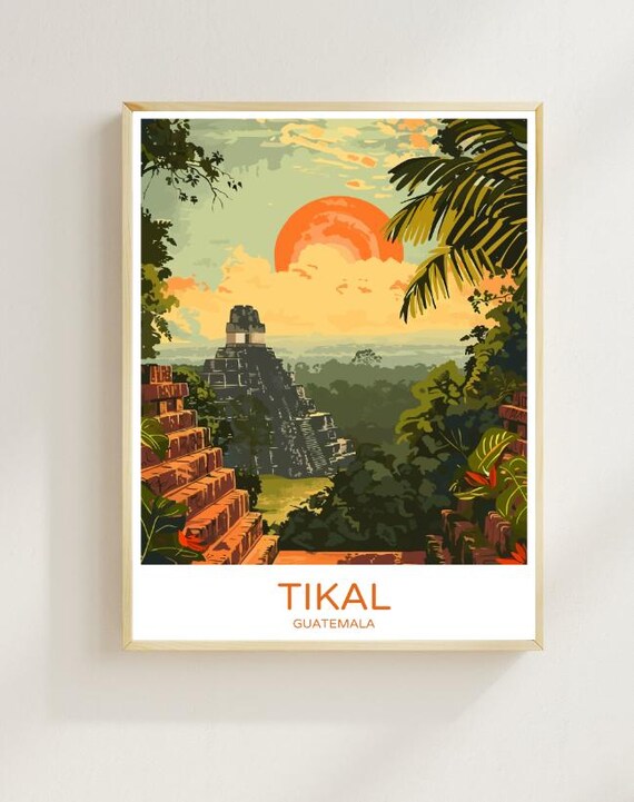 Tikal Guatemala Ancient Mayan Ruins Sunset Jungle Travel Poster