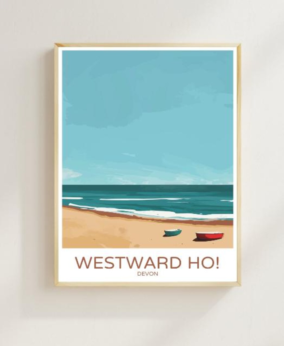 Westward Ho Devon Sandy Beach With Colorful Boats Travel Poster