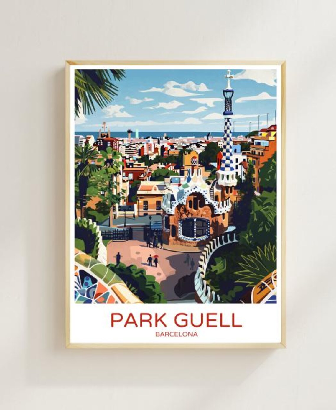 Park Guell Barcelona Gaudi Mosaic Gardens Vintage Travel Poster