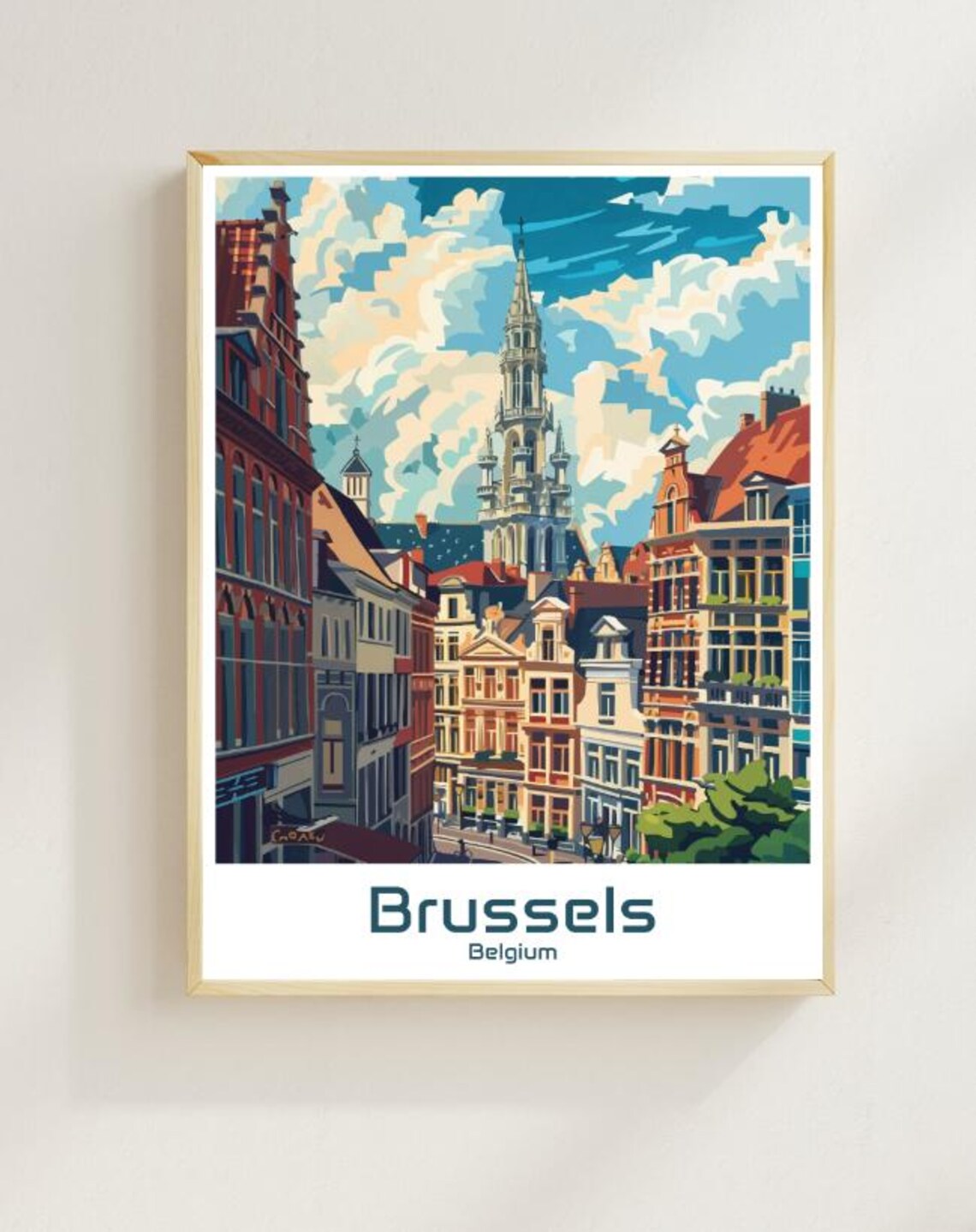 Brussels Belgium Grand Place Spire Historic Old Town Travel Poster