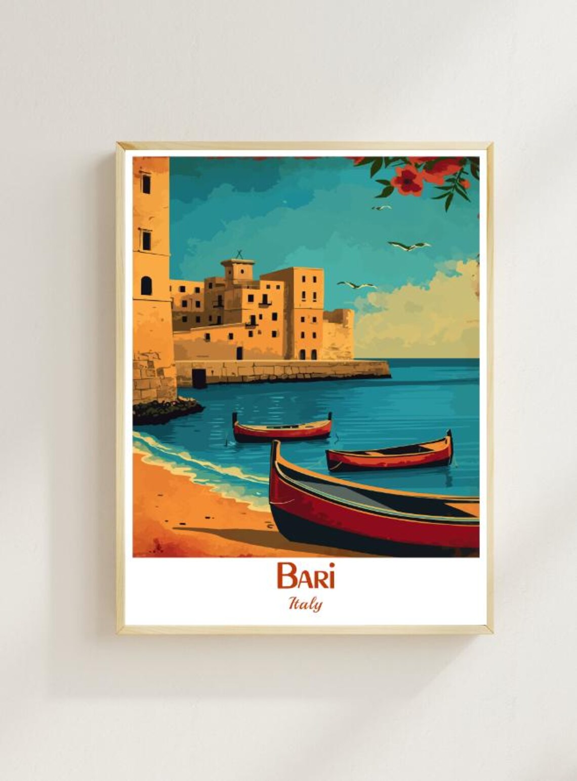 Bari Italy Harbor Castle Red Fishing Boats Vintage Travel Poster