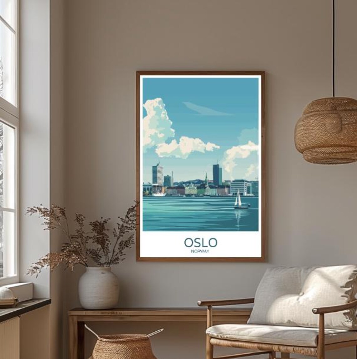 Oslo Norway Travel Poster Harbor Skyline Sailboat Fjord Scandinavian Decor - Image 3