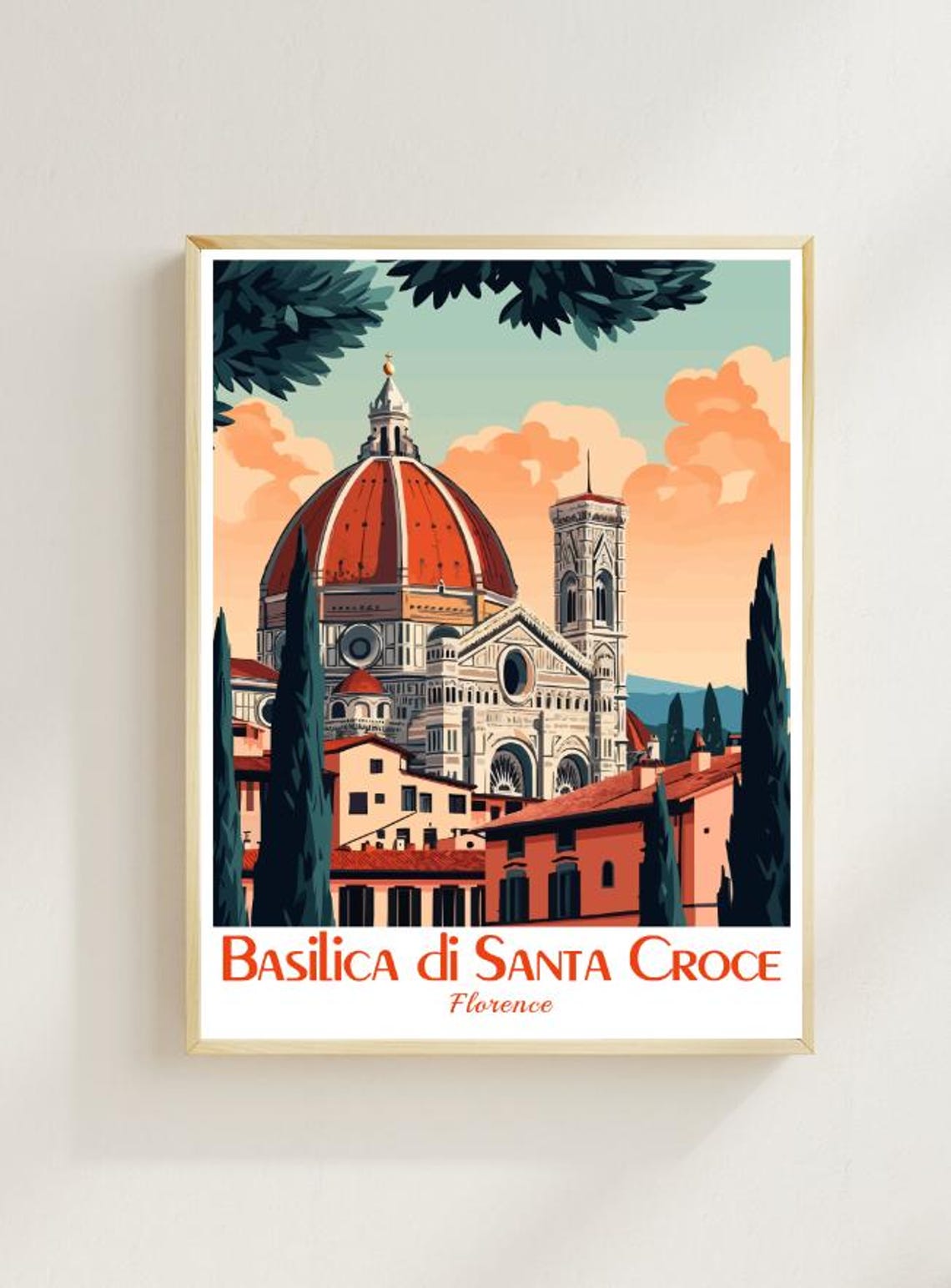 Basilica Di Santa Croce Florence Italy Domed Church Vintage Poster