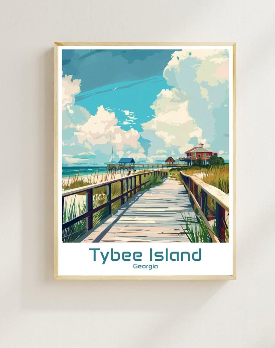 Tybee Island Georgia Vintage Travel Boardwalk Pier Scene Poster