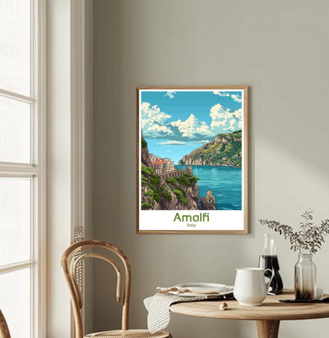 Amalfi Italy Coastal Cliffs and Turquoise Sea under a Sunny Sky Poster - Image 2