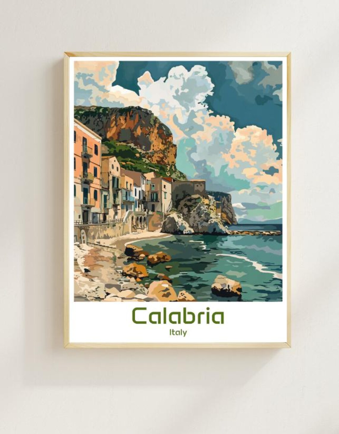 Calabria Italy Cliffside Coastal Village Waves Vintage Travel Poster