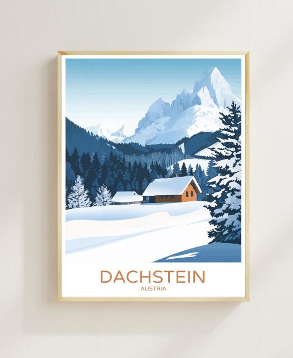 Dachstein Austria Travel Poster Snowy Mountain Cabin Winter Alps View