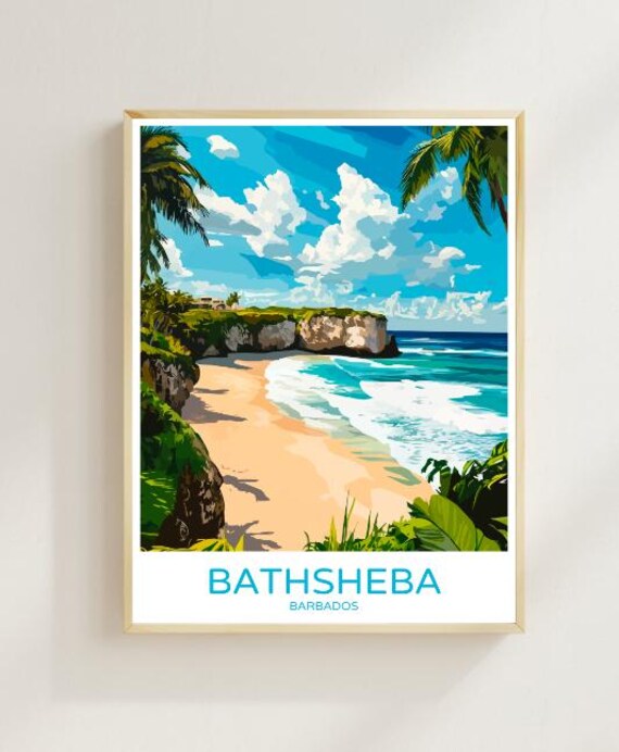 Bathsheba Barbados Tropical Beach Cliffs Vintage Travel Poster