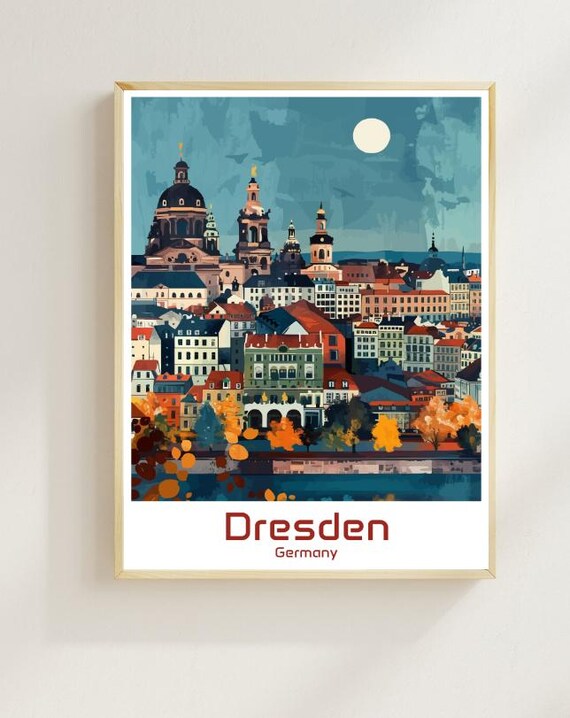Dresden Germany Baroque Skyline Moonlit River Illustrated Travel Poster