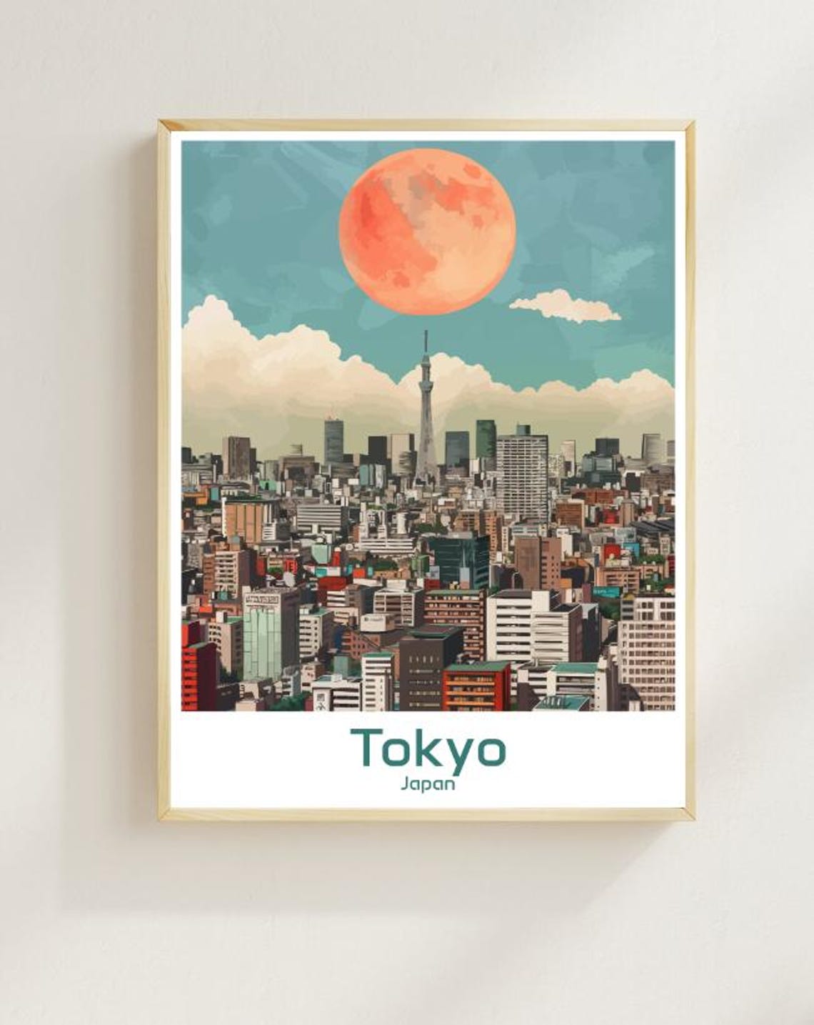 Tokyo Japan Cityscape With Tower And Red Sun Vintage Travel Poster