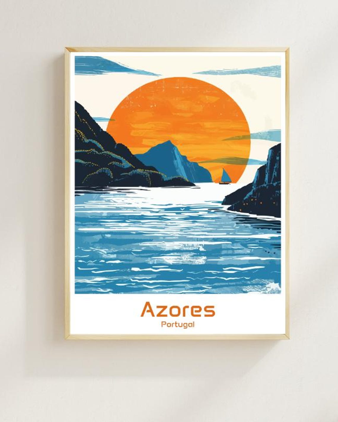 Azores Portugal Orange Sun Sea Strait Sailboat Sunset Travel Poster