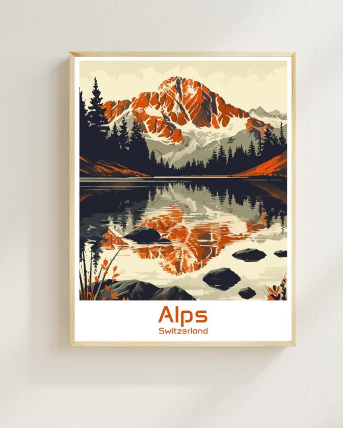 Alps Switzerland Mountain Lake Reflection Autumn Vintage Travel Poster