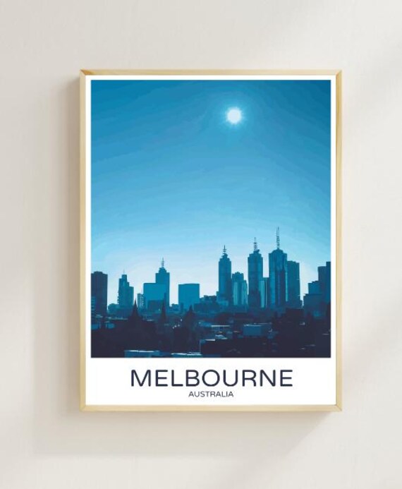 Melbourne Australia Travel Poster Blue Skyline Scene Art Decor