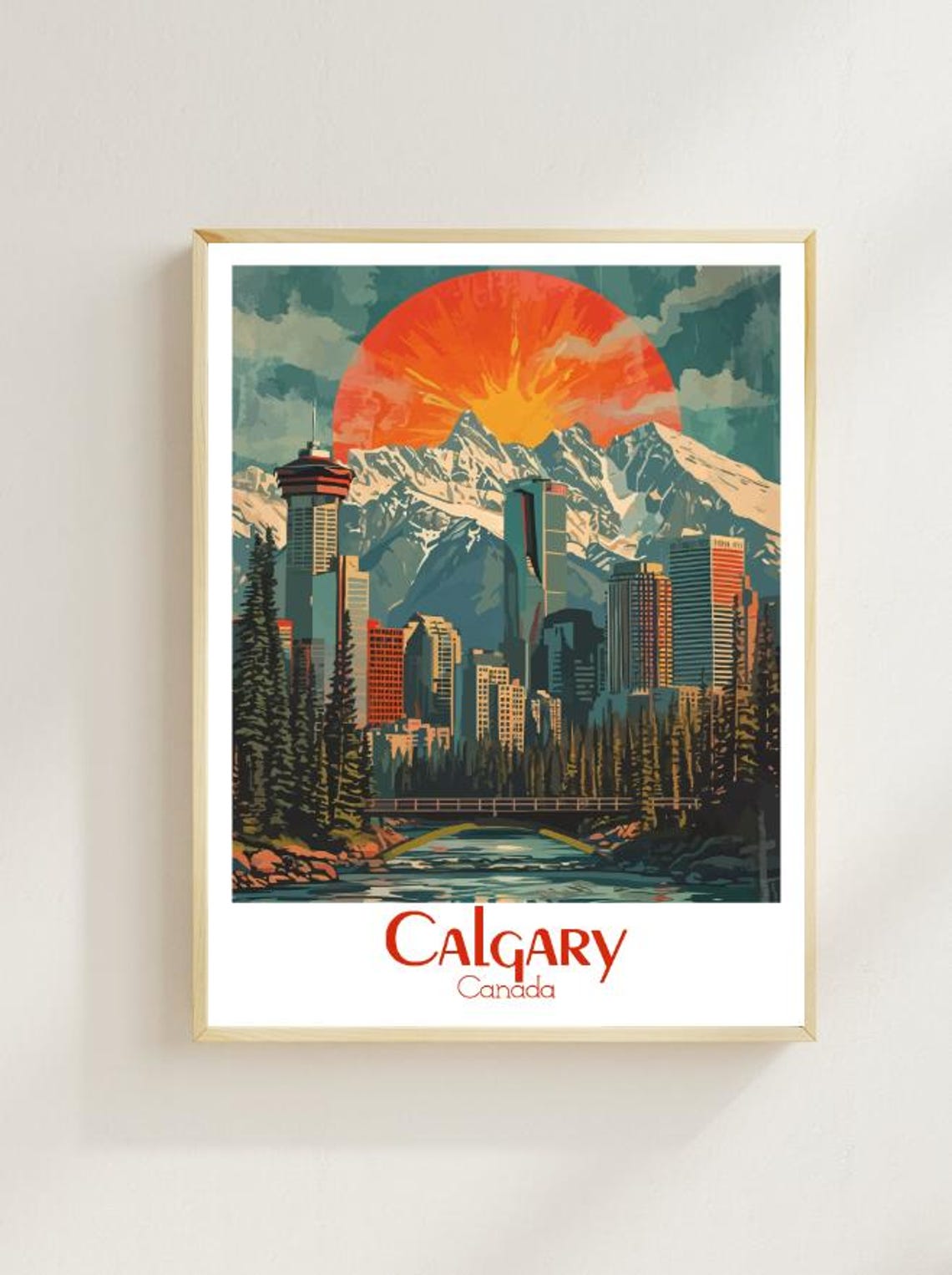 Calgary Canada Skyline Rocky Mountains Sunset Scenic Poster Art