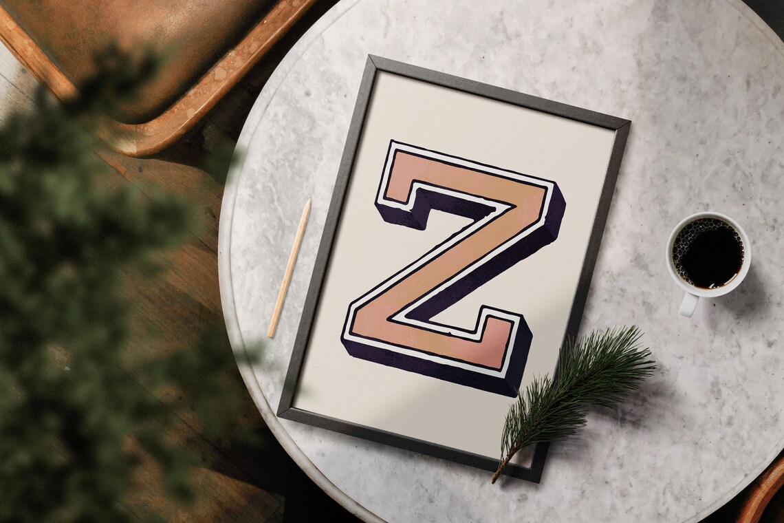 Letter Z Coral Navy 3D Collegiate Alphabet Typography Nursery Decor Poster - Image 2
