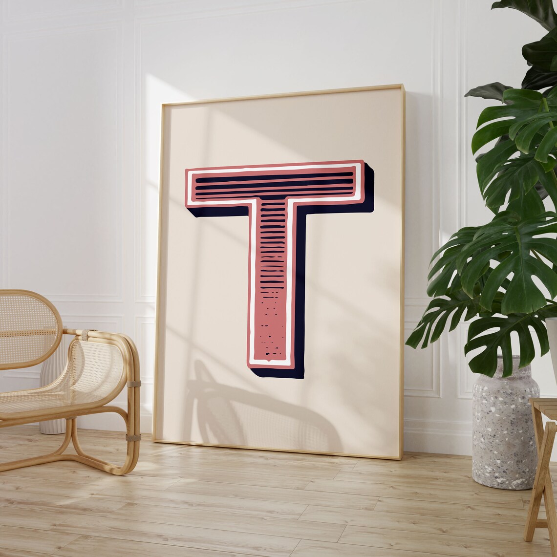 Letter T Dusty Rose Navy Varsity Alphabet Typography Nursery Room Poster