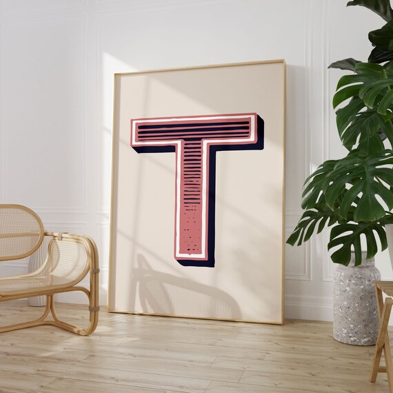 Letter T Dusty Rose Navy Varsity Alphabet Typography Nursery Room Poster