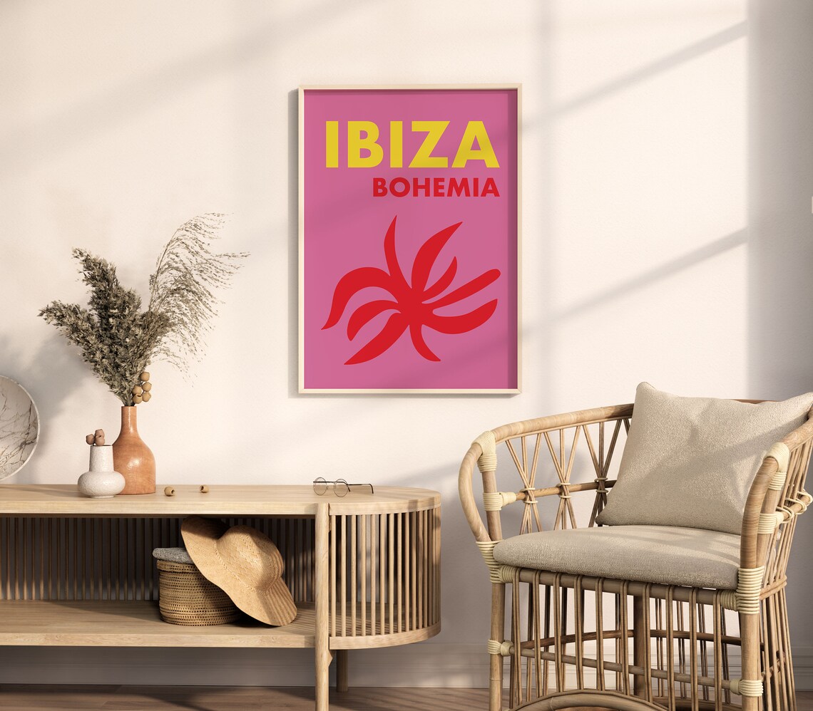 Ibiza Bohemia Pink Red Floral Graphic Bold Spain Travel Poster - Image 5