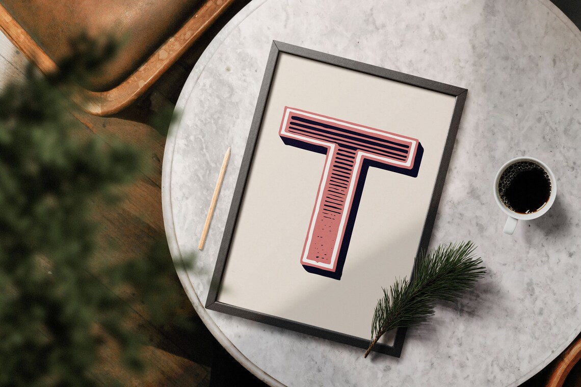 Letter T Dusty Rose Navy Varsity Alphabet Typography Nursery Room Poster - Image 5
