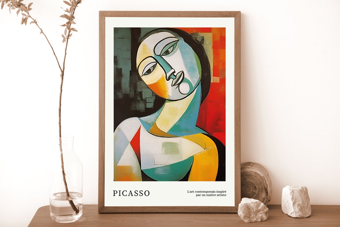 Picasso Style Cubist Woman Portrait Bold Red Teal Geometric Art Poster - Image 4