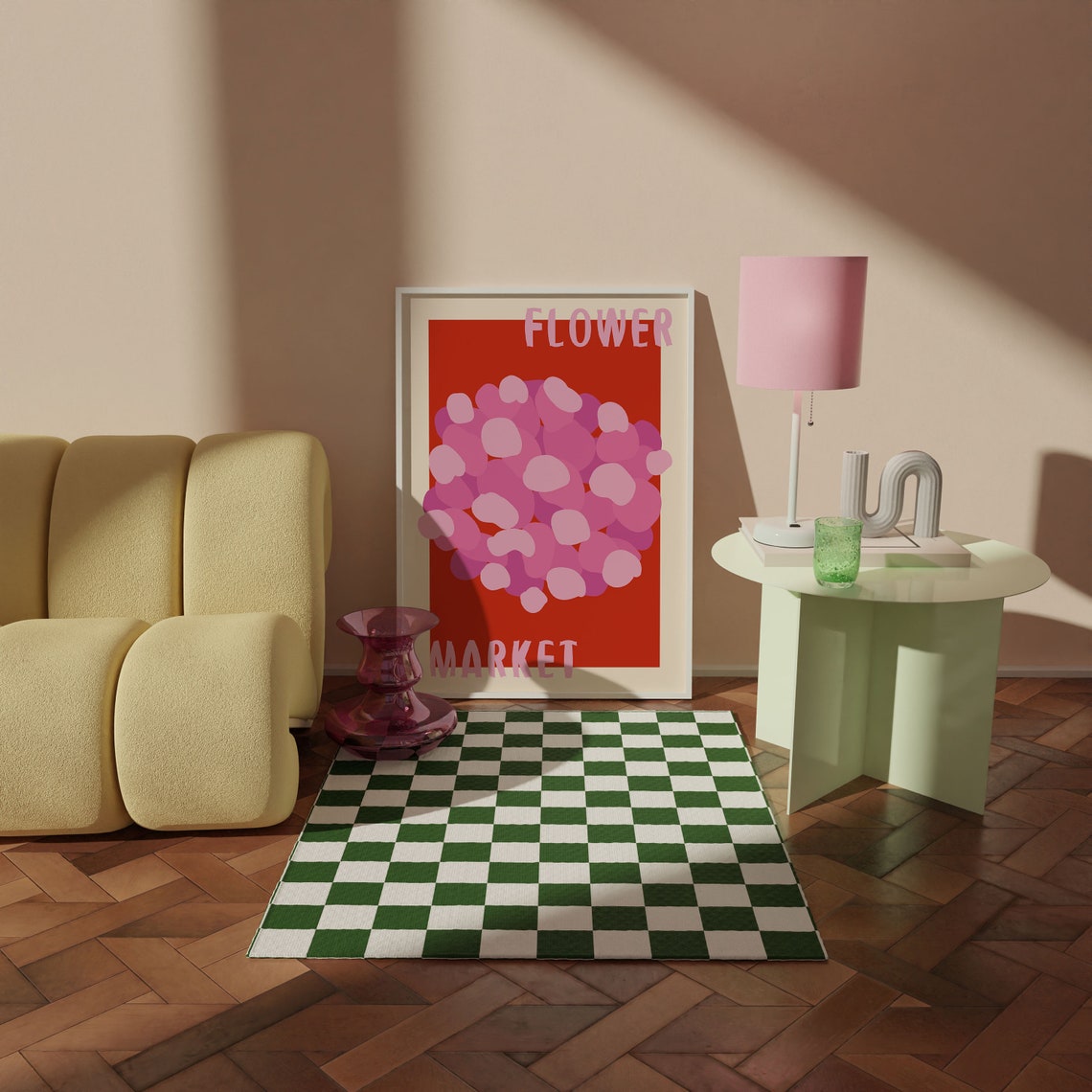 Pink Polka Dot Bloom on Fiery Red Retro Flower Market Art Poster - Image 3